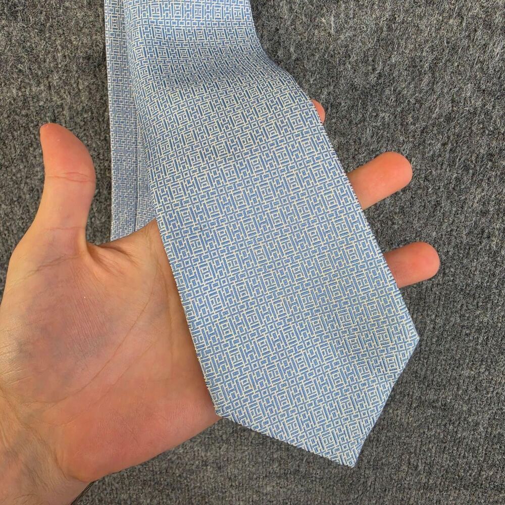 Hermes Paris Tie Mens Blue Silk H Logo Geometric Pattern Office Work Luxury
